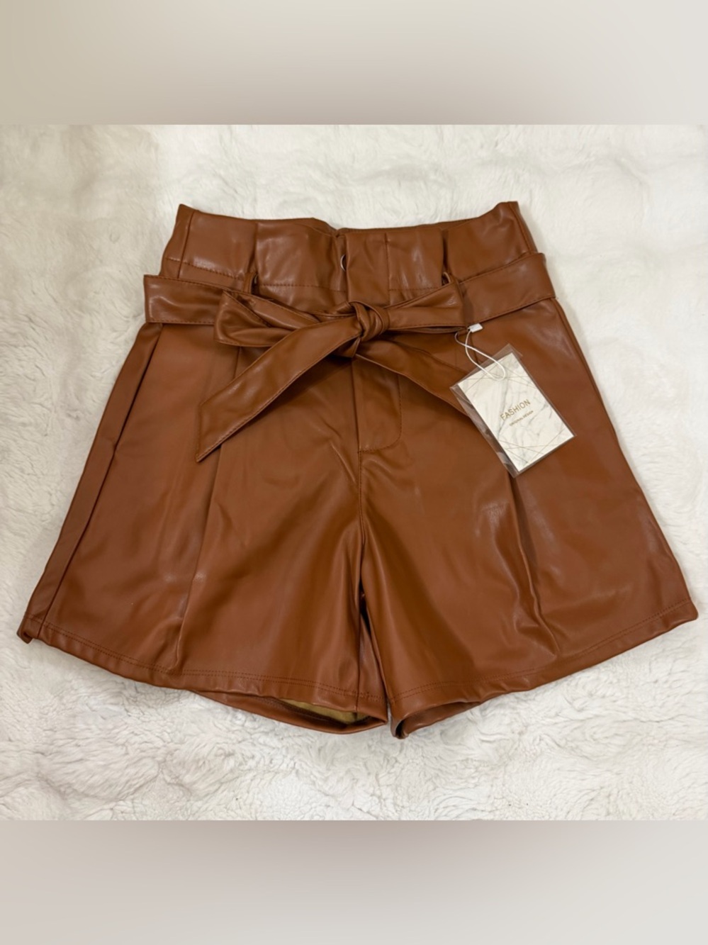 High-Waist Faux Leather Paperbag Shorts with Tie - Brown